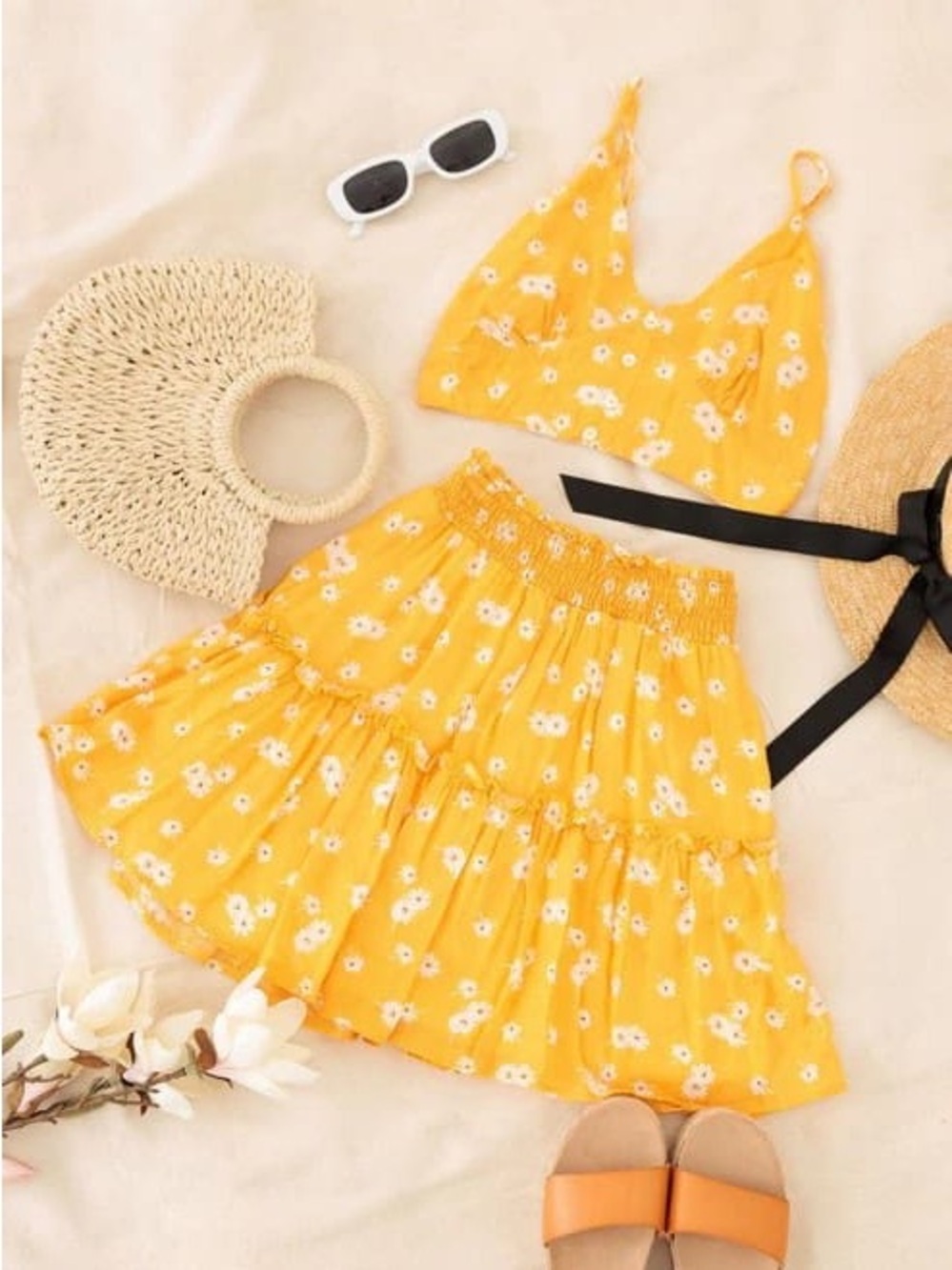 Girls size L, Yellow Floral Ruffled Skirt Set with cropped Adjustable Tank